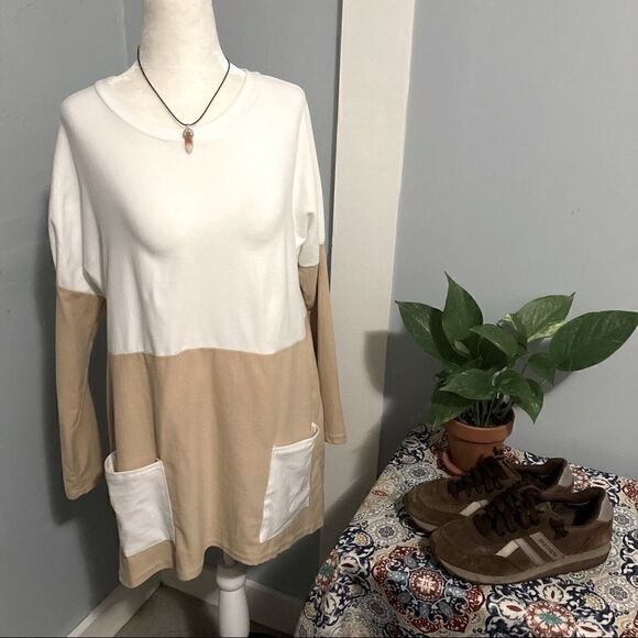Zulily, Khaki & White Color Block Long Sleeve Pocket Tunic Women’s Size Small - Picture 9 of 12